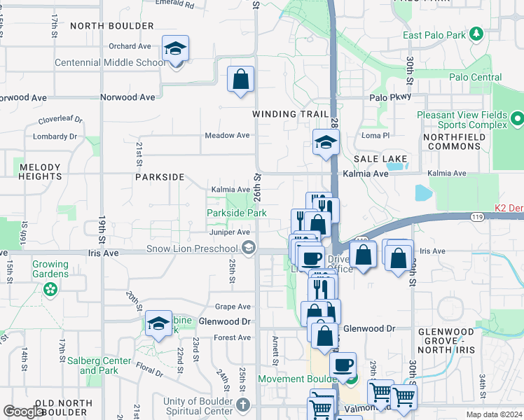 map of restaurants, bars, coffee shops, grocery stores, and more near 2619 Juniper Avenue in Boulder