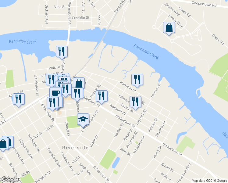 map of restaurants, bars, coffee shops, grocery stores, and more near 410 Filmore Street in Riverside