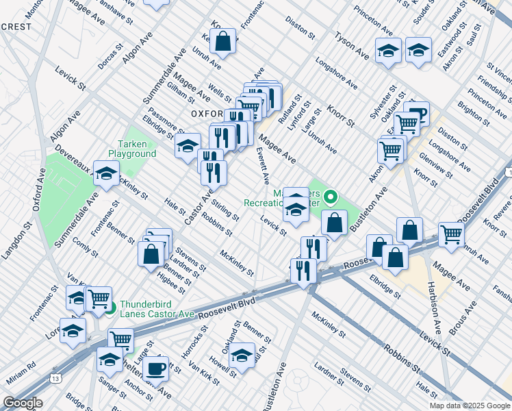 map of restaurants, bars, coffee shops, grocery stores, and more near 1516 Levick Street in Philadelphia