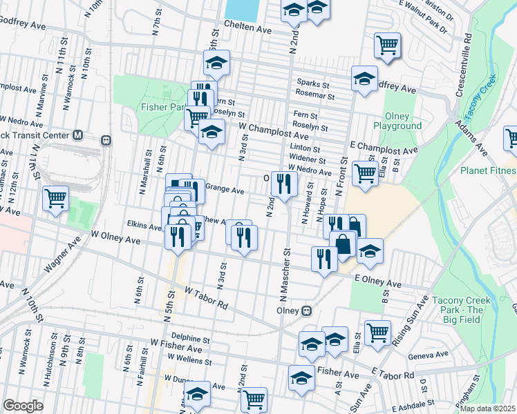 map of restaurants, bars, coffee shops, grocery stores, and more near 5713 North American Street in Philadelphia