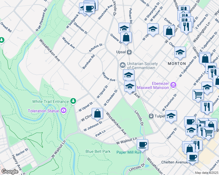 map of restaurants, bars, coffee shops, grocery stores, and more near 608 West Upsal Street in Philadelphia