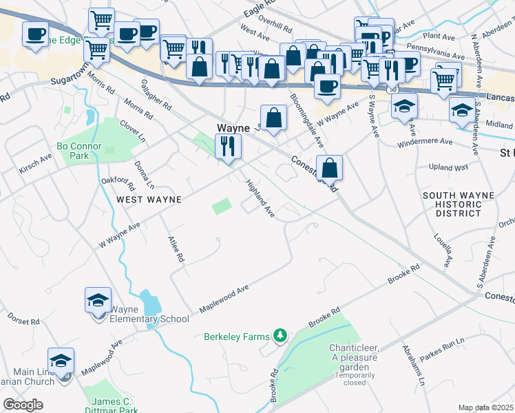 map of restaurants, bars, coffee shops, grocery stores, and more near 254 Highland Avenue in Wayne