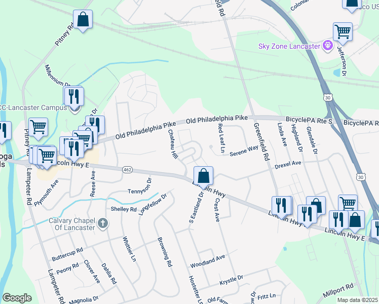 map of restaurants, bars, coffee shops, grocery stores, and more near 110 Lotus Circle in Lancaster