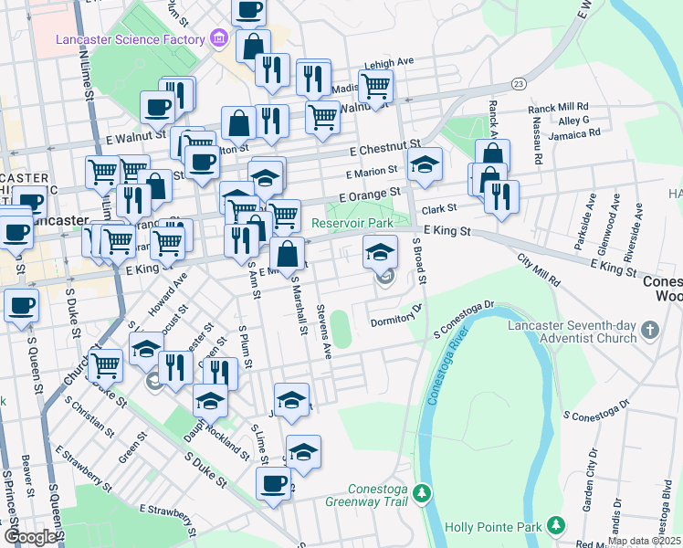 map of restaurants, bars, coffee shops, grocery stores, and more near 636 East End Avenue in Lancaster