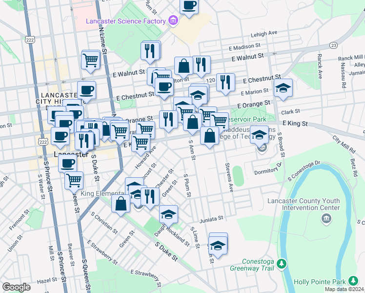 map of restaurants, bars, coffee shops, grocery stores, and more near 463 South Plum Street in Lancaster