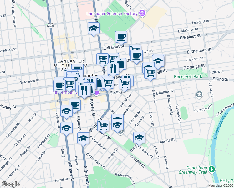 map of restaurants, bars, coffee shops, grocery stores, and more near 215 East Mifflin Street in Lancaster