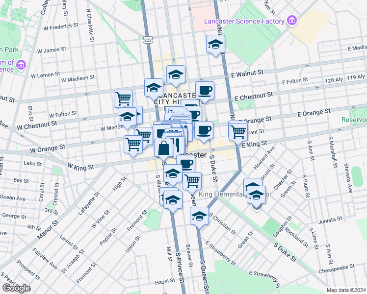 map of restaurants, bars, coffee shops, grocery stores, and more near 2 West Grant Street in Lancaster
