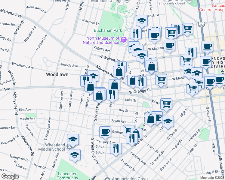 map of restaurants, bars, coffee shops, grocery stores, and more near 738 Pennsylvania 462 in Lancaster