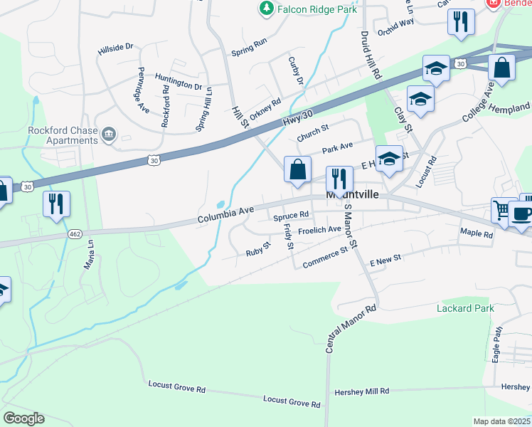 map of restaurants, bars, coffee shops, grocery stores, and more near 205 Froelich Avenue in Mountville