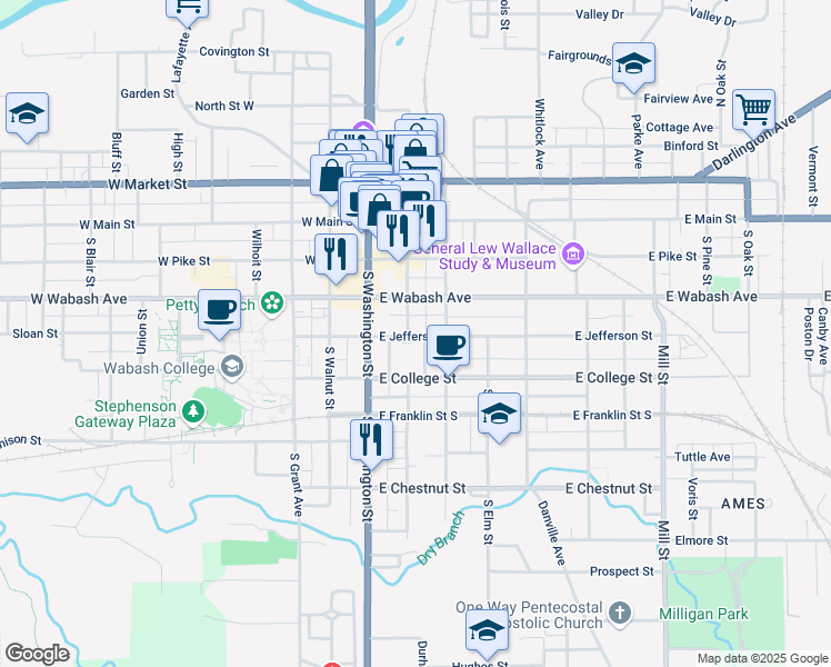 map of restaurants, bars, coffee shops, grocery stores, and more near 201 East Jefferson Street in Crawfordsville