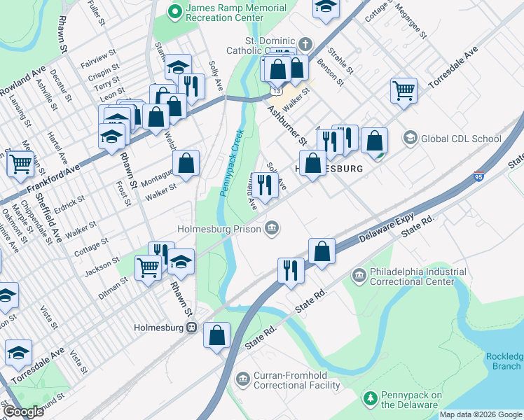 map of restaurants, bars, coffee shops, grocery stores, and more near 4641 Enfield Avenue in Philadelphia