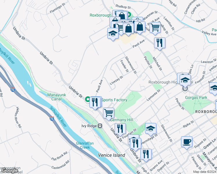 map of restaurants, bars, coffee shops, grocery stores, and more near 6910 Cliff Road in Philadelphia