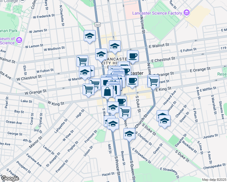 map of restaurants, bars, coffee shops, grocery stores, and more near 10 North Market Street in Lancaster
