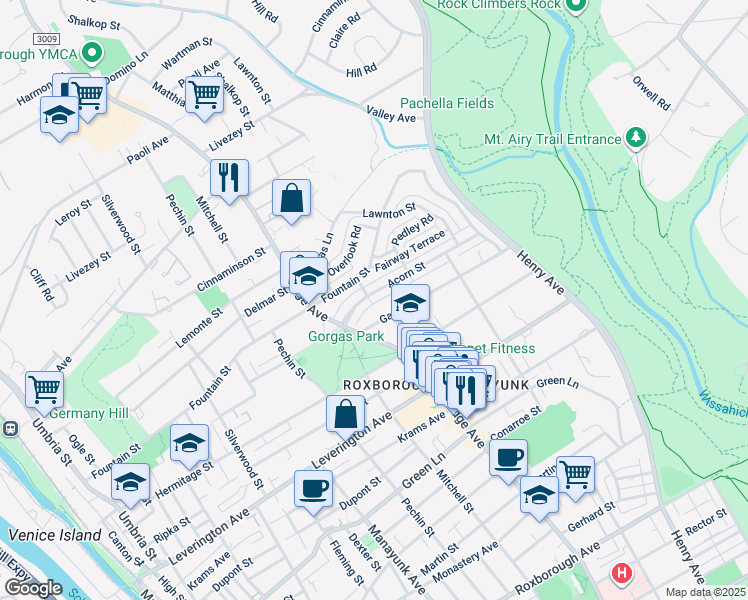 map of restaurants, bars, coffee shops, grocery stores, and more near 525 Acorn Street in Philadelphia