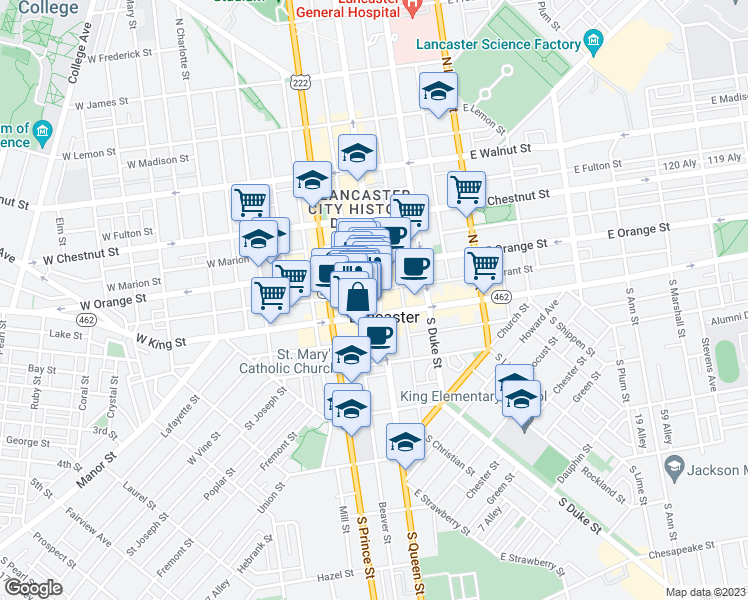 map of restaurants, bars, coffee shops, grocery stores, and more near 14 North Queen Street in Lancaster