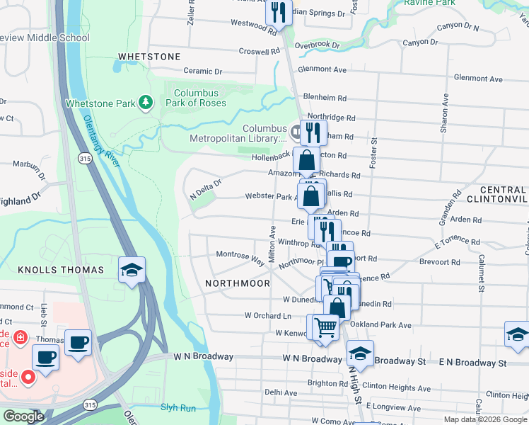 map of restaurants, bars, coffee shops, grocery stores, and more near 101 Erie Road in Columbus