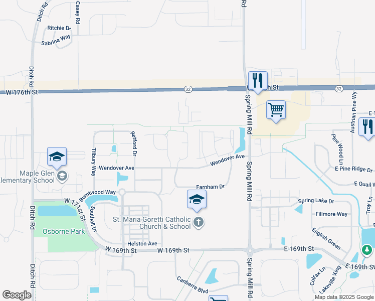 map of restaurants, bars, coffee shops, grocery stores, and more near 17388 Cayuga Drive in Westfield