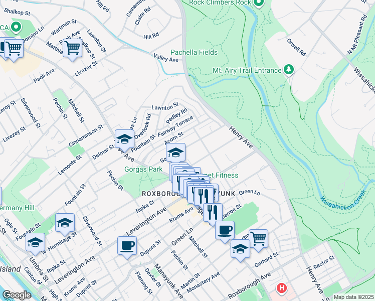 map of restaurants, bars, coffee shops, grocery stores, and more near 551 Gates Street in Philadelphia