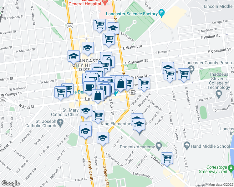 map of restaurants, bars, coffee shops, grocery stores, and more near 131 East King Street in Lancaster