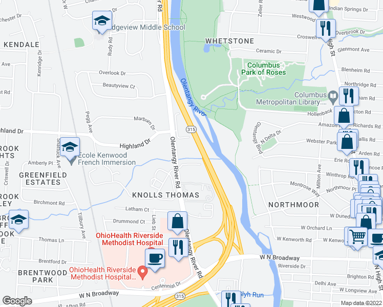 map of restaurants, bars, coffee shops, grocery stores, and more near 3830 Olentangy River Road in Columbus
