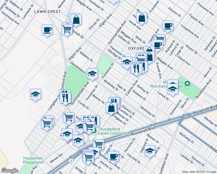 map of restaurants, bars, coffee shops, grocery stores, and more near 1225 Devereaux Avenue in Philadelphia