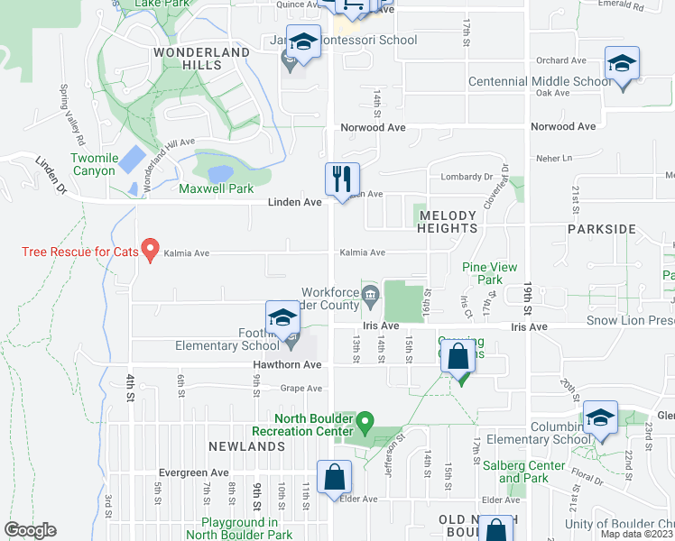 map of restaurants, bars, coffee shops, grocery stores, and more near 3550 Broadway in Boulder