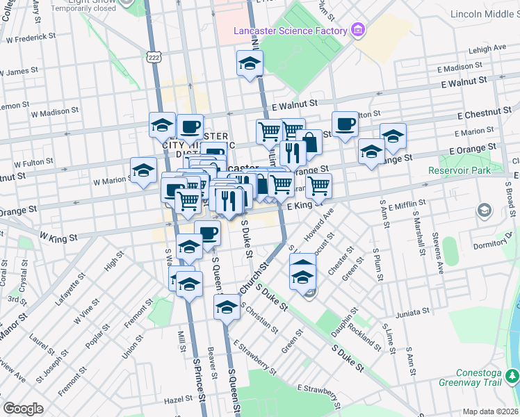 map of restaurants, bars, coffee shops, grocery stores, and more near 145 East King Street in Lancaster