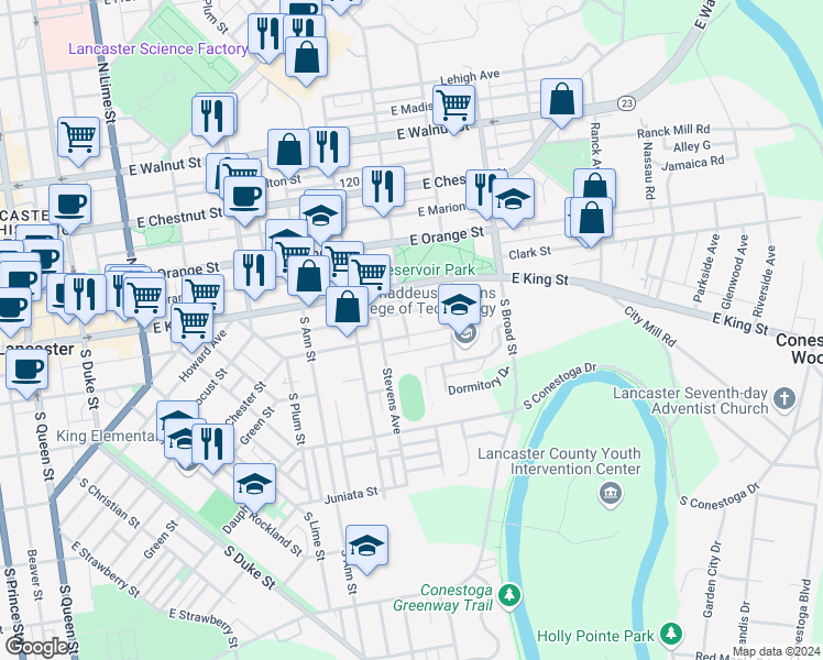 map of restaurants, bars, coffee shops, grocery stores, and more near 65 South Franklin Street in Lancaster