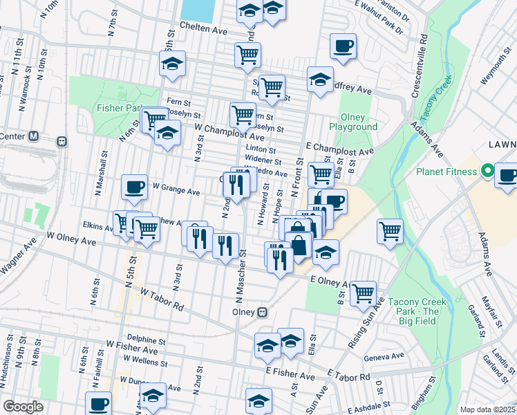 map of restaurants, bars, coffee shops, grocery stores, and more near 158 West Grange Avenue in Philadelphia