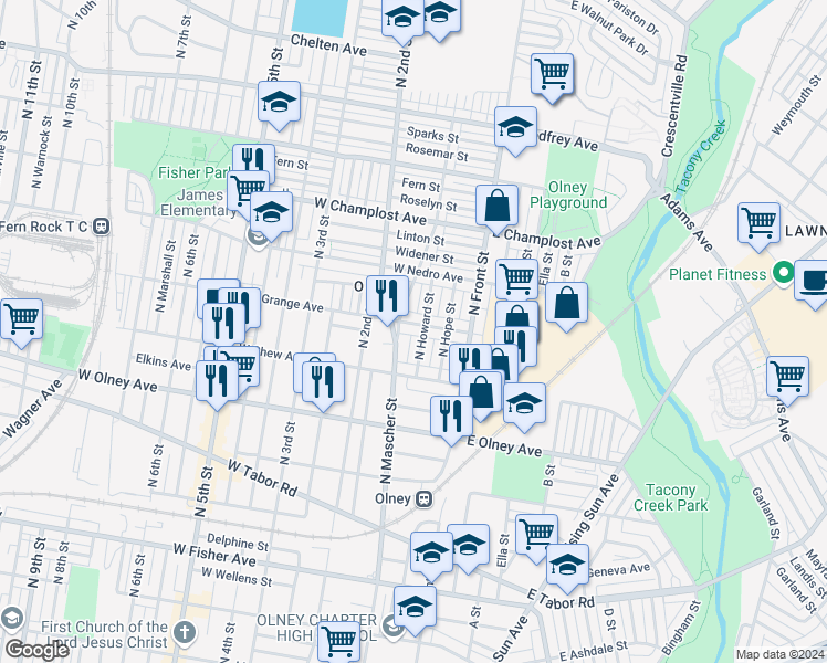 map of restaurants, bars, coffee shops, grocery stores, and more near 162 West Grange Avenue in Philadelphia