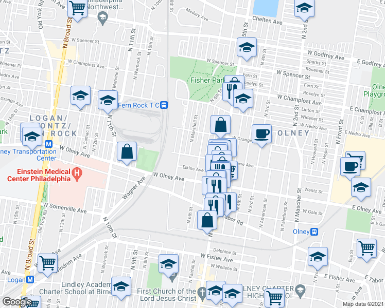 map of restaurants, bars, coffee shops, grocery stores, and more near 5701 North Marshall Street in Philadelphia
