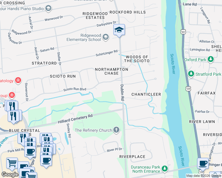 map of restaurants, bars, coffee shops, grocery stores, and more near 4075 Dublin Road in Columbus