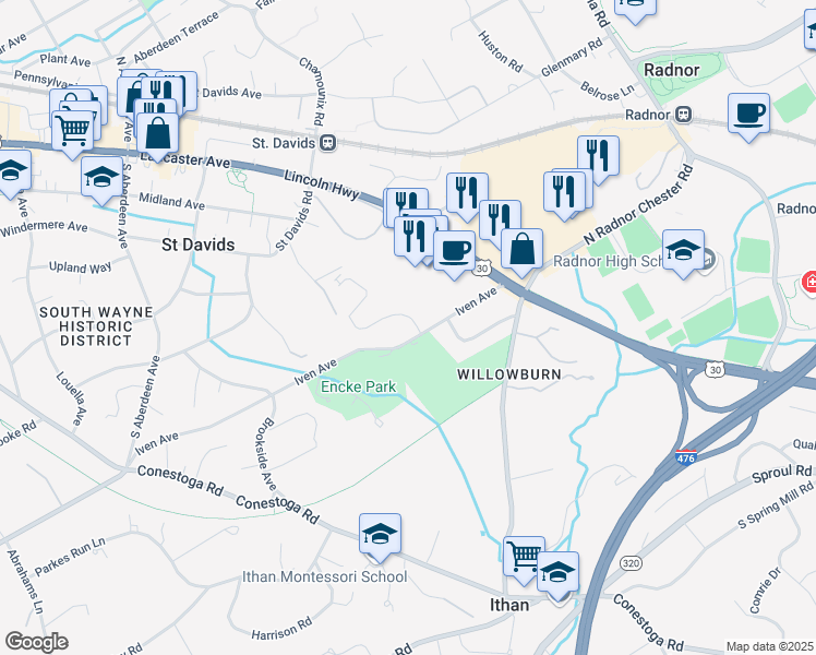 map of restaurants, bars, coffee shops, grocery stores, and more near 284 Iven Avenue in Saint Davids