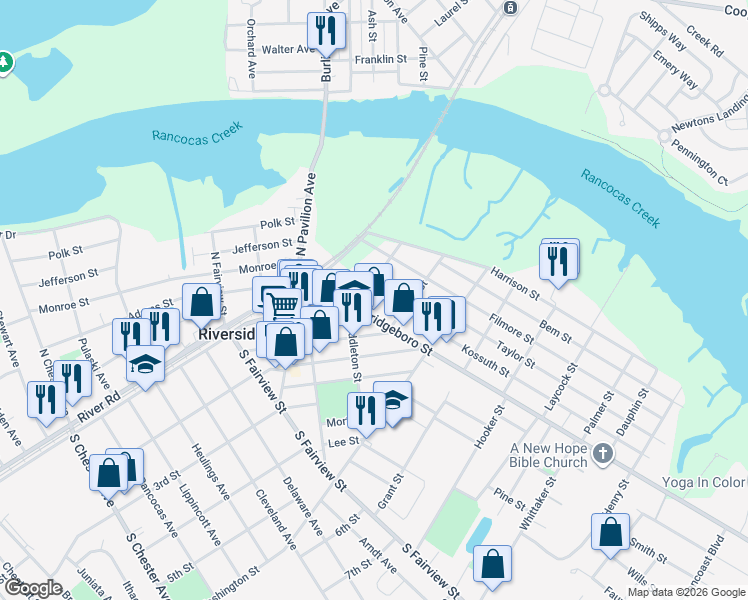 map of restaurants, bars, coffee shops, grocery stores, and more near 209 Bridgeboro Street in Riverside