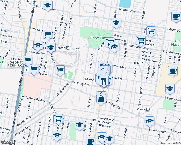 map of restaurants, bars, coffee shops, grocery stores, and more near 5701 North Marshall Street in Philadelphia