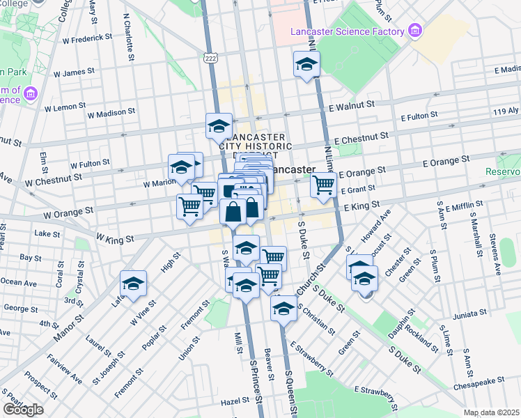 map of restaurants, bars, coffee shops, grocery stores, and more near 14 North Queen Street in Lancaster