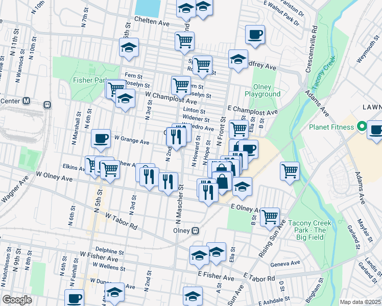 map of restaurants, bars, coffee shops, grocery stores, and more near 162 West Grange Avenue in Philadelphia