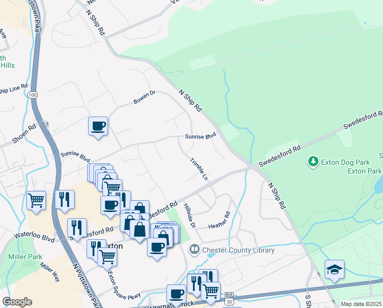 map of restaurants, bars, coffee shops, grocery stores, and more near 311 Trimble Lane in Exton