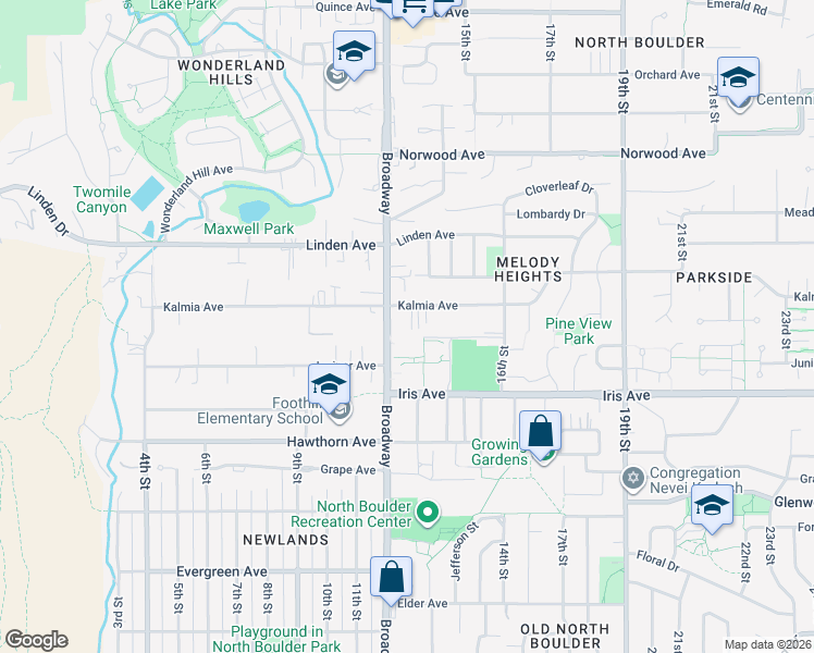 map of restaurants, bars, coffee shops, grocery stores, and more near 1260 Kalmia Avenue in Boulder