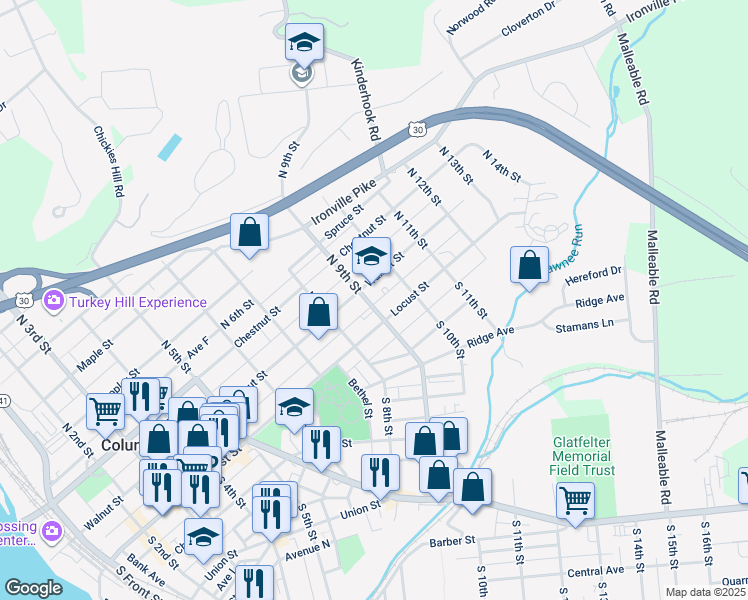 map of restaurants, bars, coffee shops, grocery stores, and more near 29 North 9th Street in Columbia