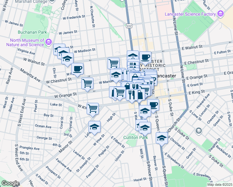 map of restaurants, bars, coffee shops, grocery stores, and more near 34 North Mulberry Street in Lancaster