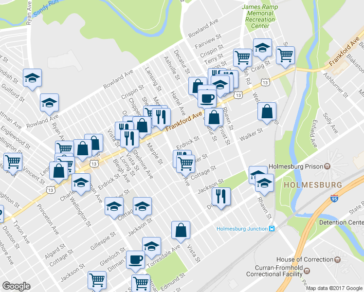 map of restaurants, bars, coffee shops, grocery stores, and more near 7725 Erdrick Street in Philadelphia