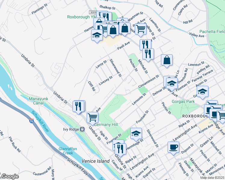map of restaurants, bars, coffee shops, grocery stores, and more near 274 Parker Avenue in Philadelphia