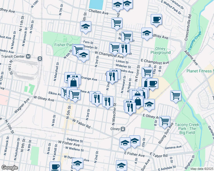 map of restaurants, bars, coffee shops, grocery stores, and more near 196 Furley Street in Philadelphia