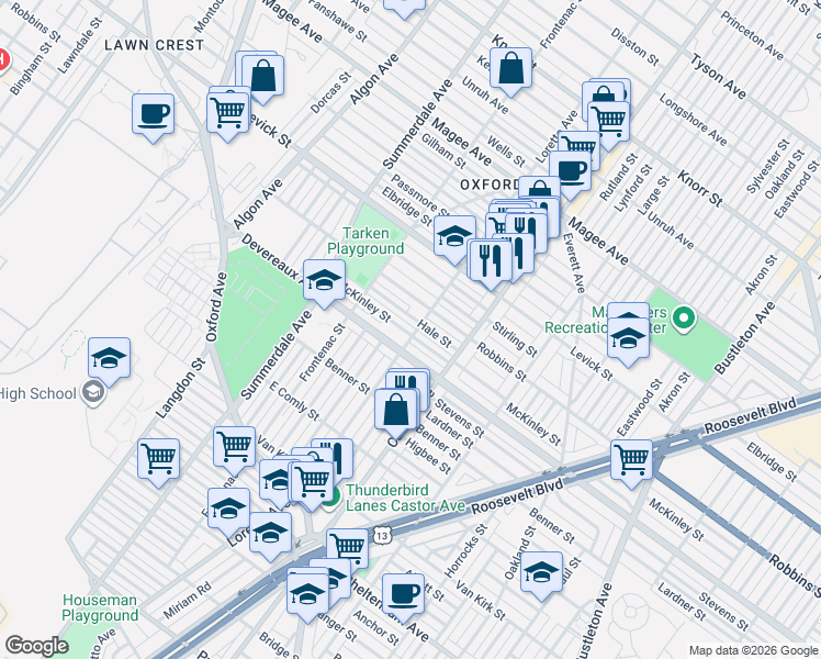 map of restaurants, bars, coffee shops, grocery stores, and more near 1301 Devereaux Avenue in Philadelphia