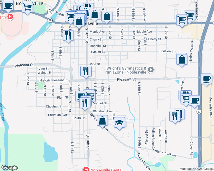 map of restaurants, bars, coffee shops, grocery stores, and more near 990 South 13th Street in Noblesville