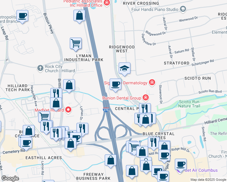 map of restaurants, bars, coffee shops, grocery stores, and more near 4211 Trueman Boulevard in Hilliard