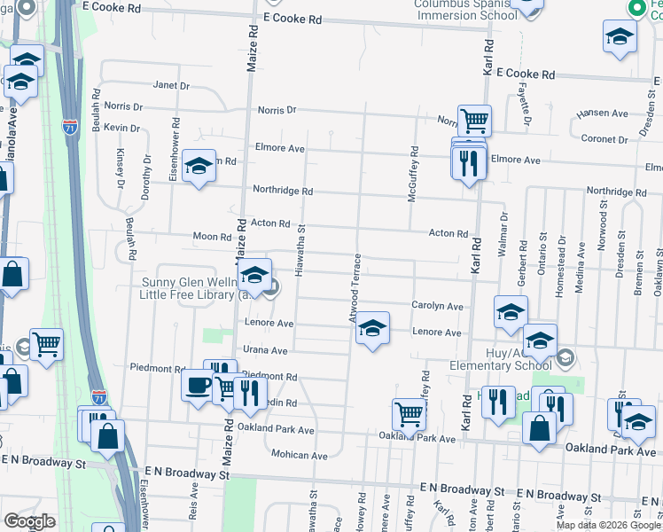 map of restaurants, bars, coffee shops, grocery stores, and more near 1139 Pauline Avenue in Columbus