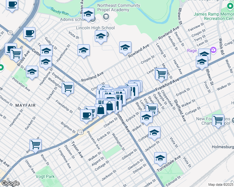 map of restaurants, bars, coffee shops, grocery stores, and more near 3509 Aldine Street in Philadelphia