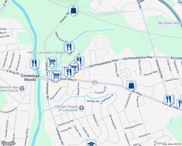 map of restaurants, bars, coffee shops, grocery stores, and more near 11a Michigan Avenue in Lancaster